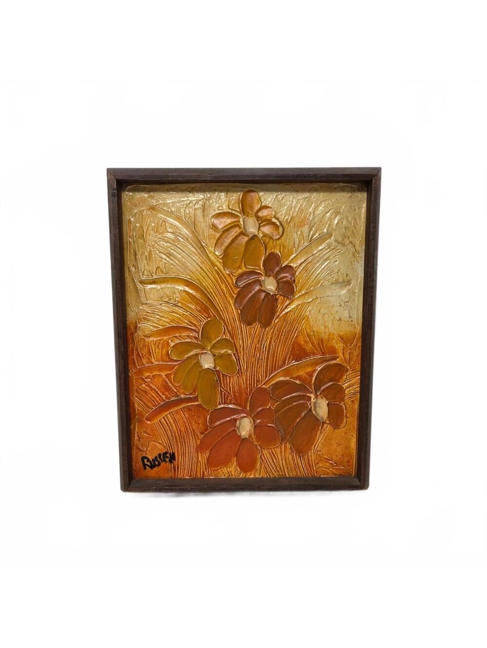 Vintage 1970s Signed Russell 3D Floral Wall Plaque Groovy Boho Art